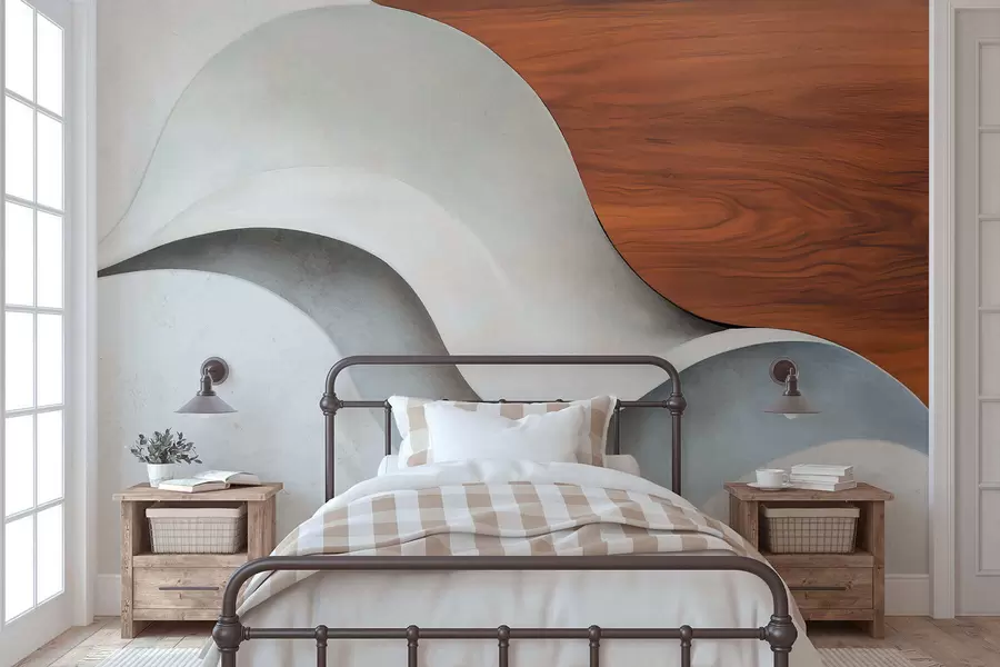 Carta da parati Moderno Onde astratte sinuose con caldi accenti in legno, design contemporaneo minimalista n. w05599
