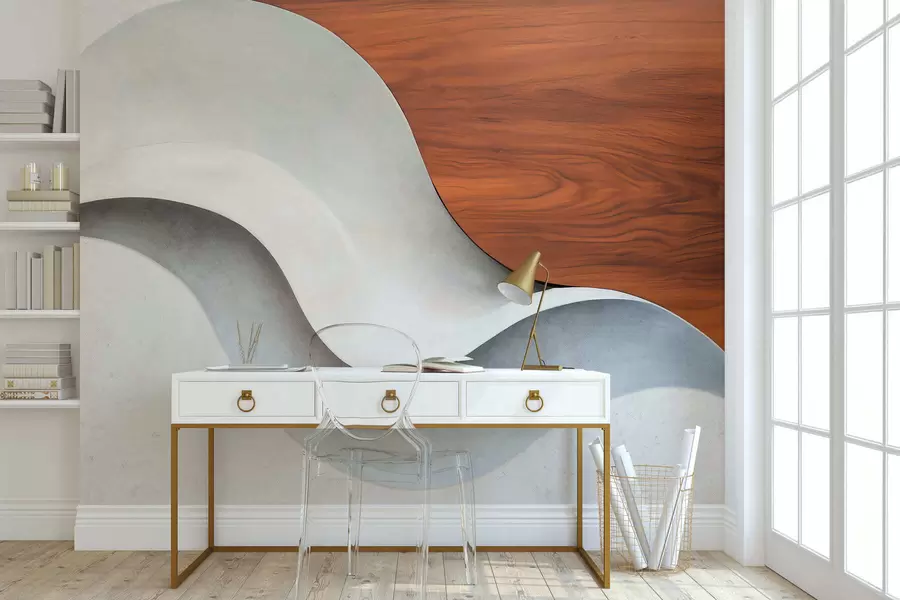 Carta da parati Moderno Onde astratte sinuose con caldi accenti in legno, design contemporaneo minimalista n. w05599
