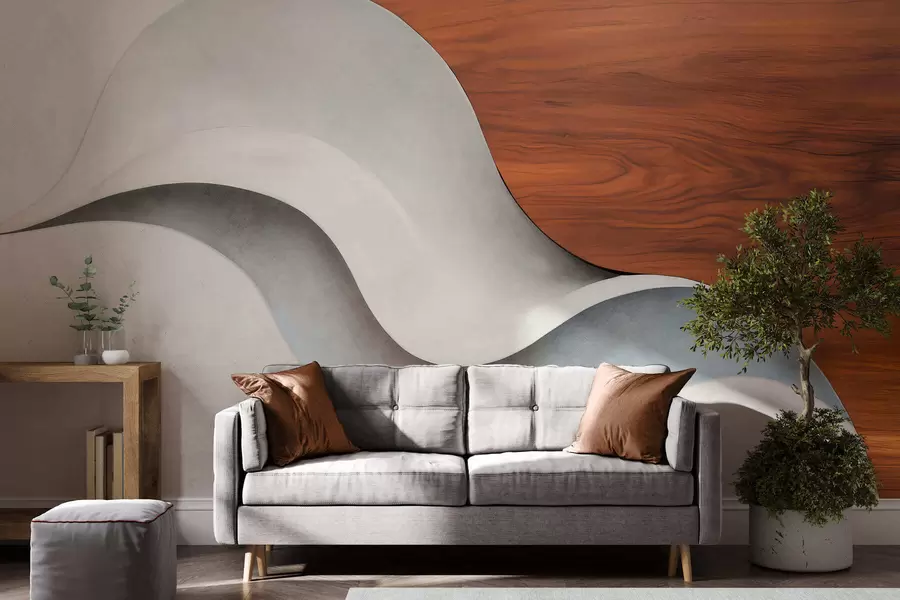 Carta da parati Moderno Onde astratte sinuose con caldi accenti in legno, design contemporaneo minimalista n. w05599