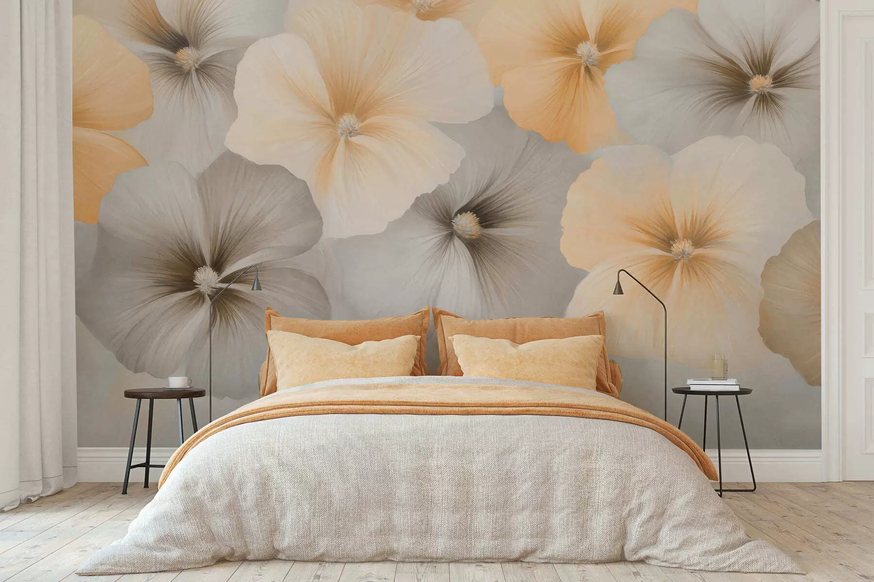 Carta da parati Floreale Fiori dai colori tenui, con sfumature giallo crema e grigie su uno sfondo delicato n. w05600