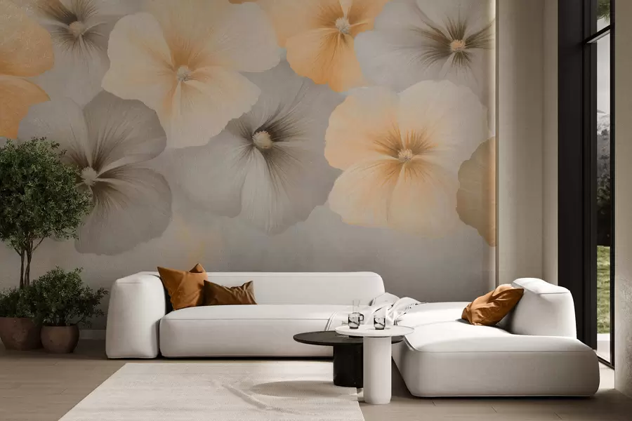 Carta da parati Floreale Fiori dai colori tenui, con sfumature giallo crema e grigie su uno sfondo delicato n. w05600