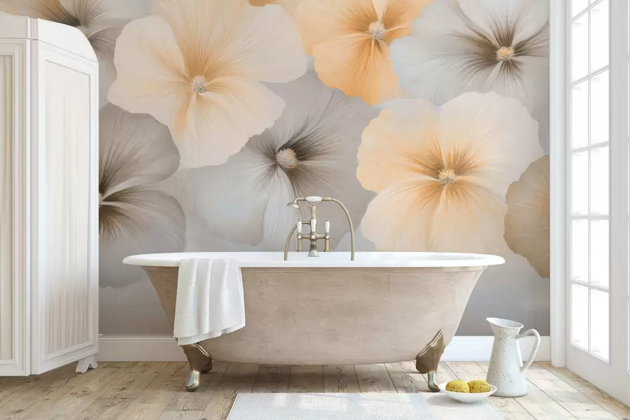Carta da parati Floreale Fiori dai colori tenui, con sfumature giallo crema e grigie su uno sfondo delicato n. w05600