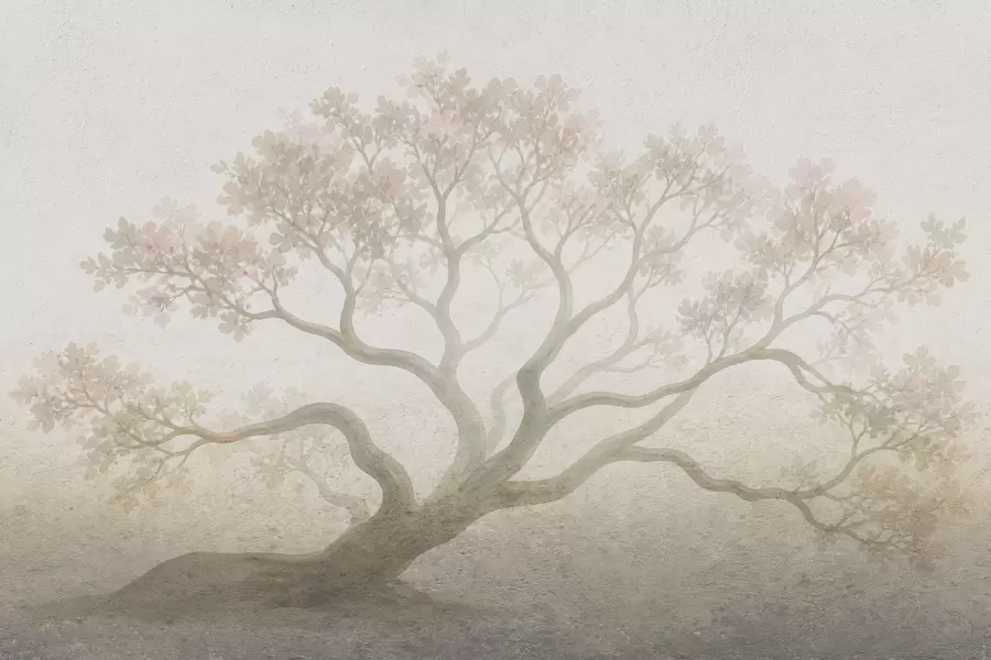 Carta da parati nature Paesaggio minimalista con alberi avvolti dalla nebbia, in tenui tonalità beige: un'opera d'arte dall'atmosfera sognante 