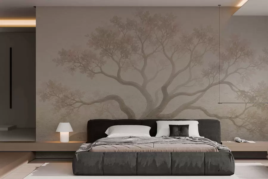 Carta da parati nature Paesaggio minimalista con alberi avvolti dalla nebbia, in tenui tonalità beige: un'opera d'arte dall'atmosfera sognante 