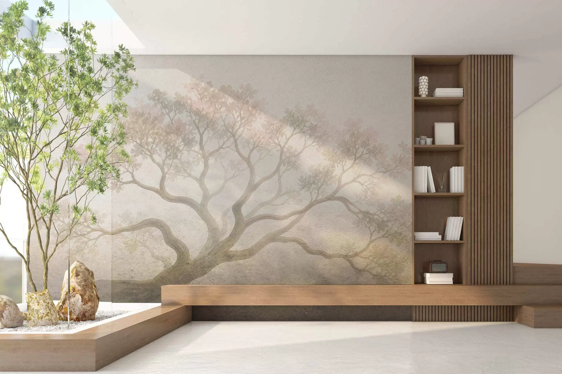 Carta da parati nature Paesaggio minimalista con alberi avvolti dalla nebbia, in tenui tonalità beige: un'opera d'arte dall'atmosfera sognante 