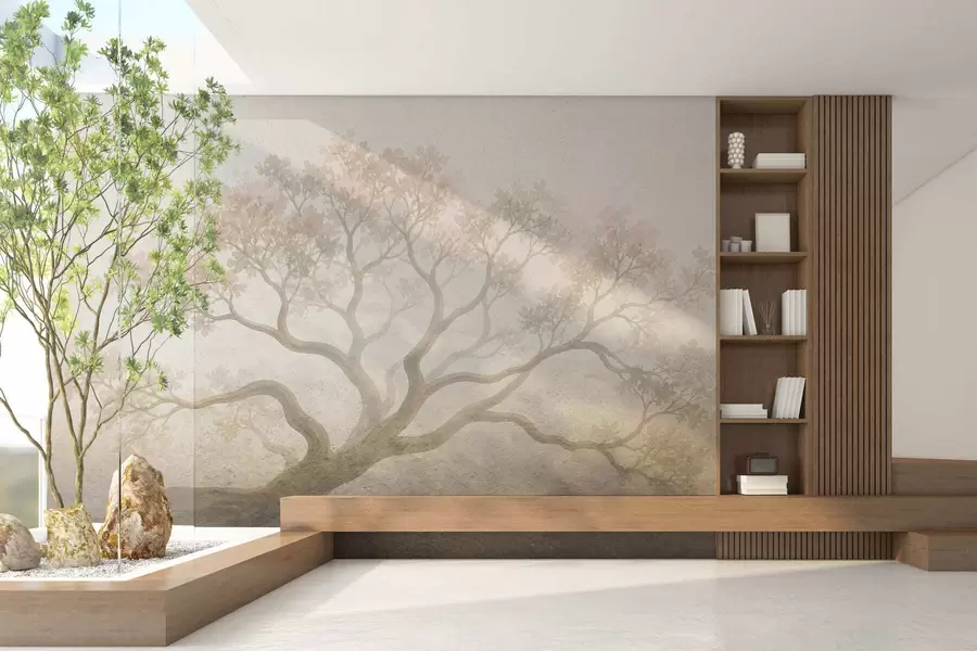 Carta da parati nature Paesaggio minimalista con alberi avvolti dalla nebbia, in tenui tonalità beige: un'opera d'arte dall'atmosfera sognante 