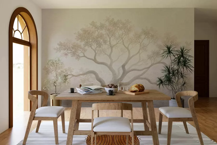 Carta da parati nature Paesaggio minimalista con alberi avvolti dalla nebbia, in tenui tonalità beige: un'opera d'arte dall'atmosfera sognante 