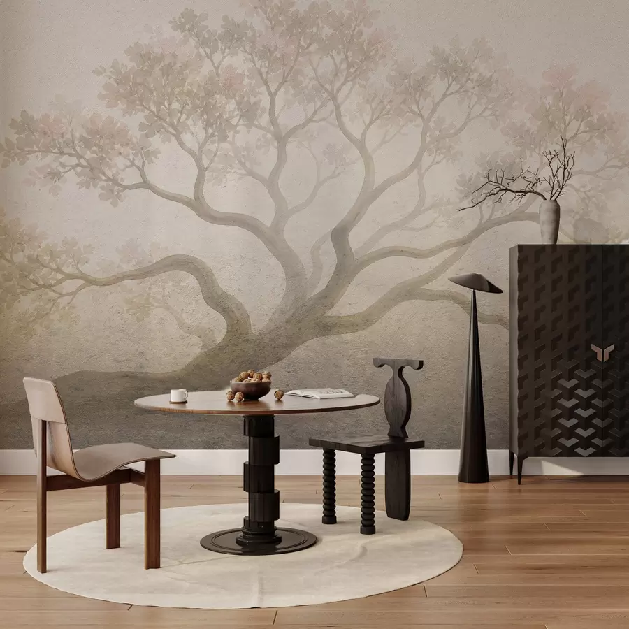 Carta da parati nature Paesaggio minimalista con alberi avvolti dalla nebbia, in tenui tonalità beige: un'opera d'arte dall'atmosfera sognante 