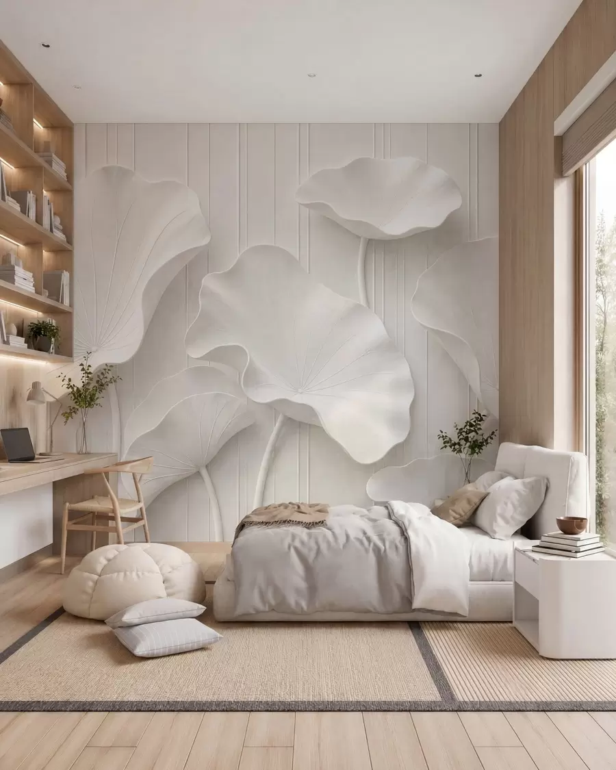 Carta da parati 3D Rilievo floreale scultoreo bianco con petali a strati, elegante decorazione murale tridimensionale 