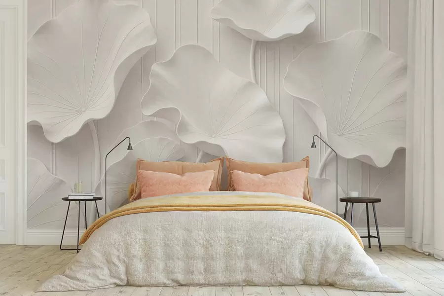 Carta da parati 3D Rilievo floreale scultoreo bianco con petali a strati, elegante decorazione murale tridimensionale 