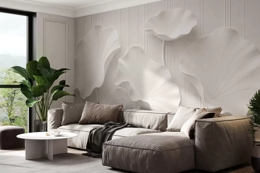 Carta da parati 3D Rilievo floreale scultoreo bianco con petali a strati, elegante decorazione murale tridimensionale 