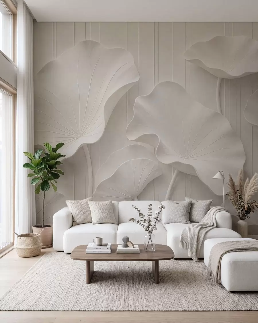 Carta da parati 3D Rilievo floreale scultoreo bianco con petali a strati, elegante decorazione murale tridimensionale 