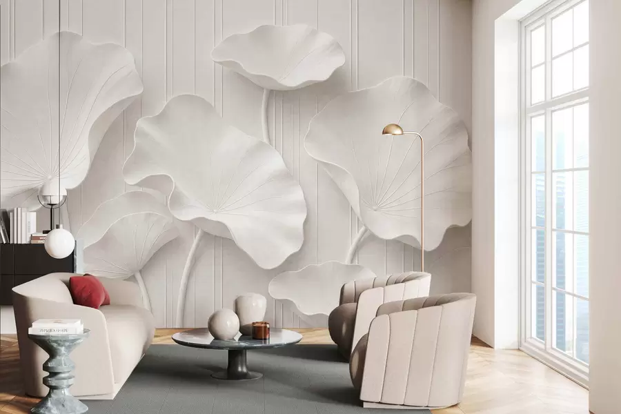 Carta da parati 3D Rilievo floreale scultoreo bianco con petali a strati, elegante decorazione murale tridimensionale 
