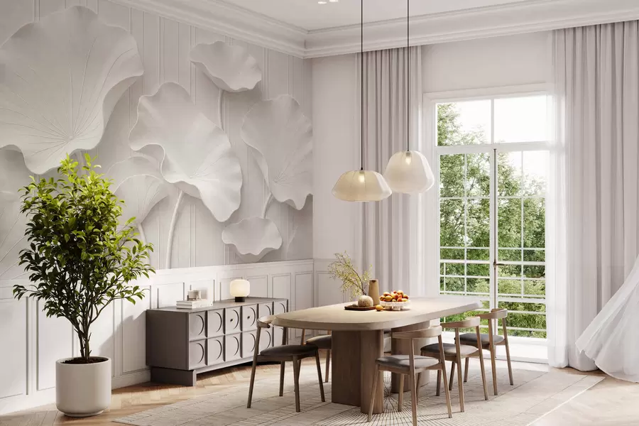 Carta da parati 3D Rilievo floreale scultoreo bianco con petali a strati, elegante decorazione murale tridimensionale 