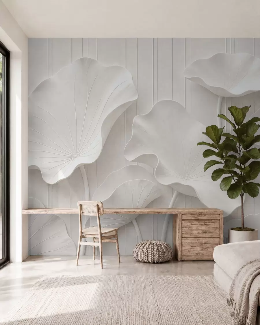 Carta da parati 3D Rilievo floreale scultoreo bianco con petali a strati, elegante decorazione murale tridimensionale 