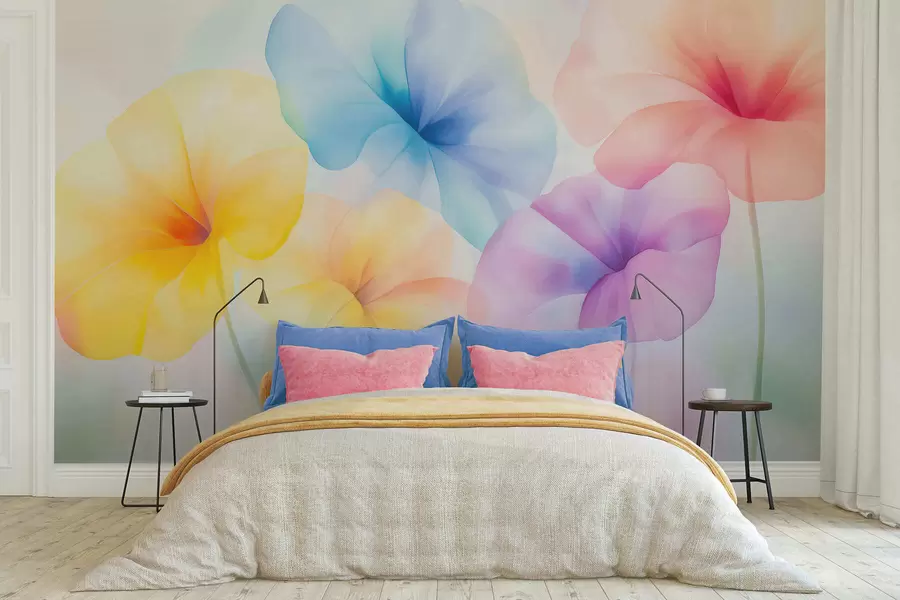 Carta da parati Floreale Fiori colorati e traslucidi in delicate tonalità pastello con un effetto acquerello da sogno n. w05607