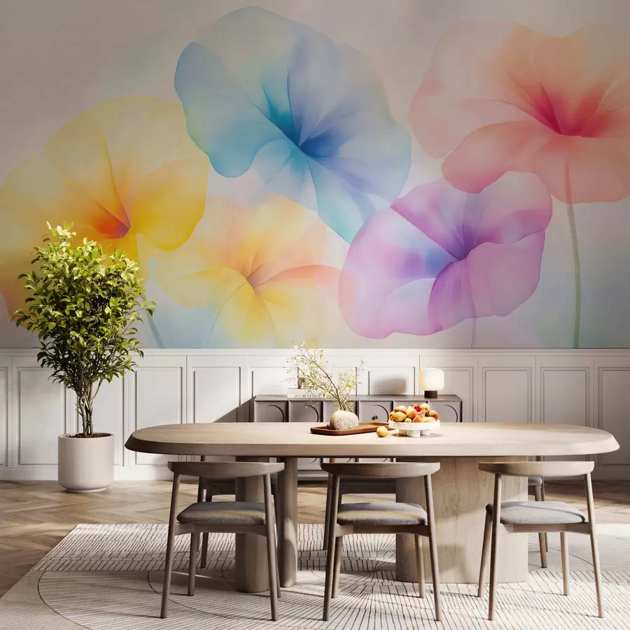 carta da parati Fiori colorati e traslucidi in delicate tonalità pastello con un effetto acquerello da sogno nr. w05607