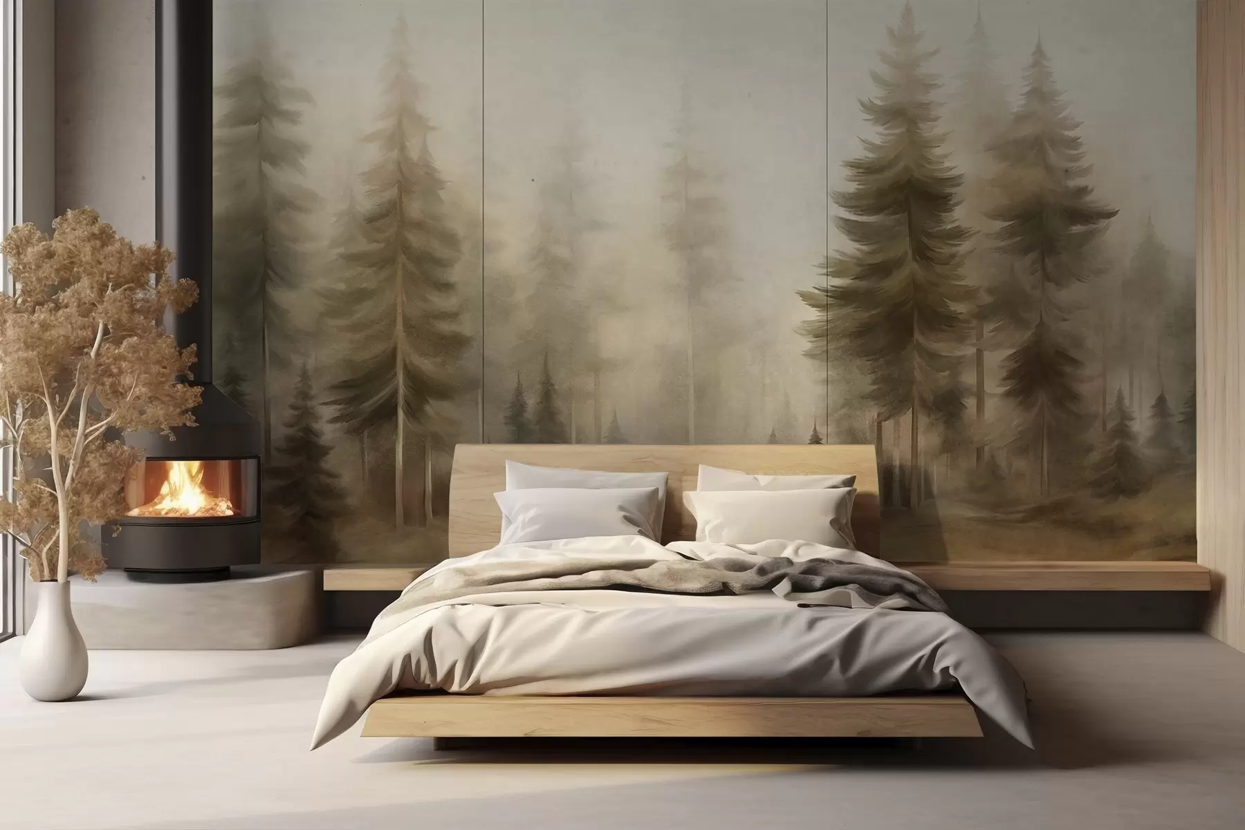 Carta da parati nature Una fitta foresta di alti pini avvolta da una leggera nebbia, un'opera d'arte paesaggistica ricca di texture 
