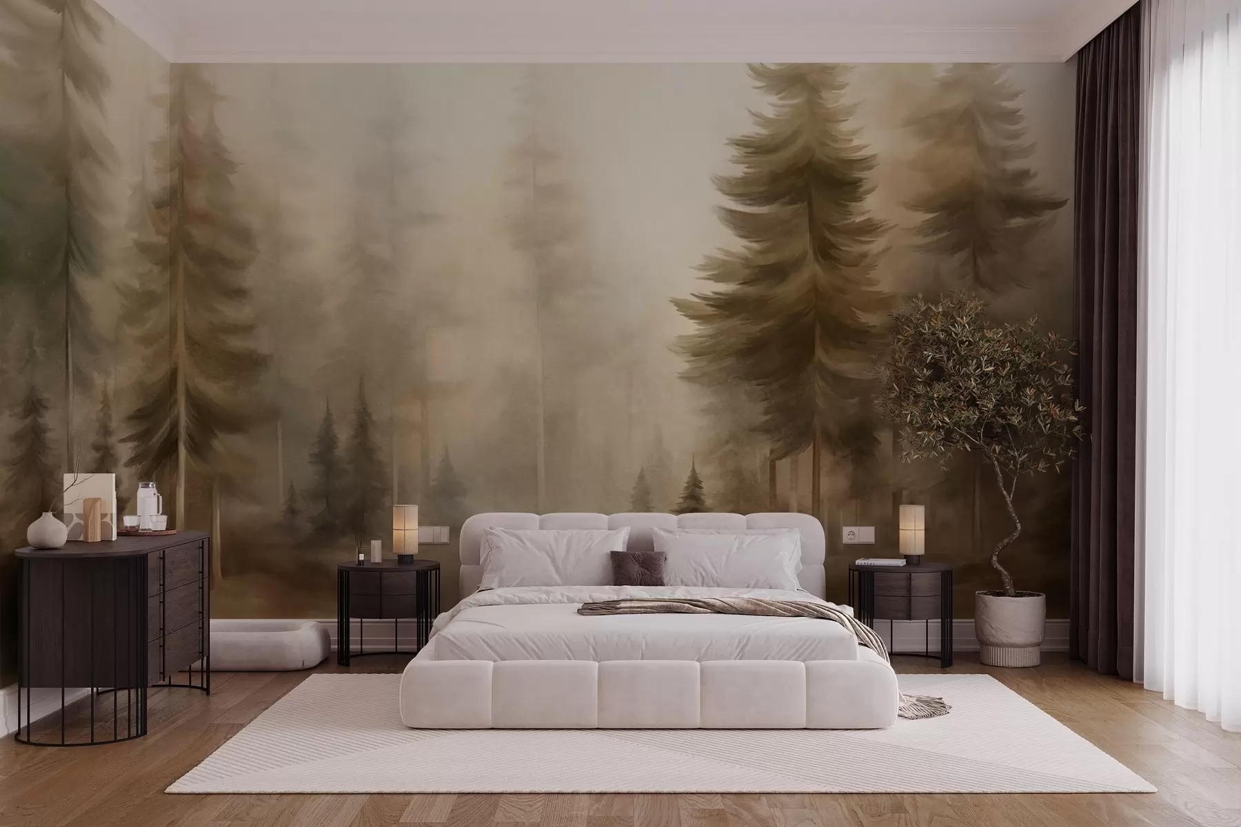 Carta da parati nature Una fitta foresta di alti pini avvolta da una leggera nebbia, un'opera d'arte paesaggistica ricca di texture 