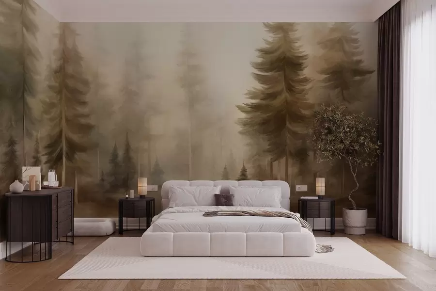 Carta da parati nature Una fitta foresta di alti pini avvolta da una leggera nebbia, un'opera d'arte paesaggistica ricca di texture 