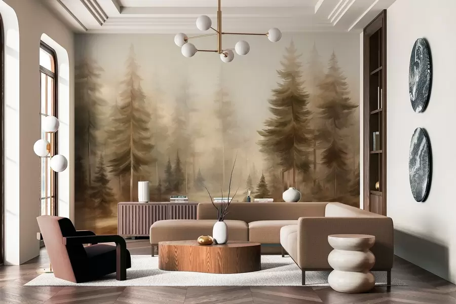 Carta da parati nature Una fitta foresta di alti pini avvolta da una leggera nebbia, un'opera d'arte paesaggistica ricca di texture 