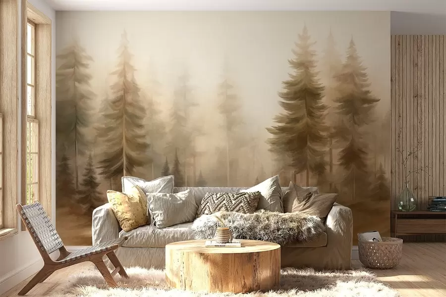 Carta da parati nature Una fitta foresta di alti pini avvolta da una leggera nebbia, un'opera d'arte paesaggistica ricca di texture 