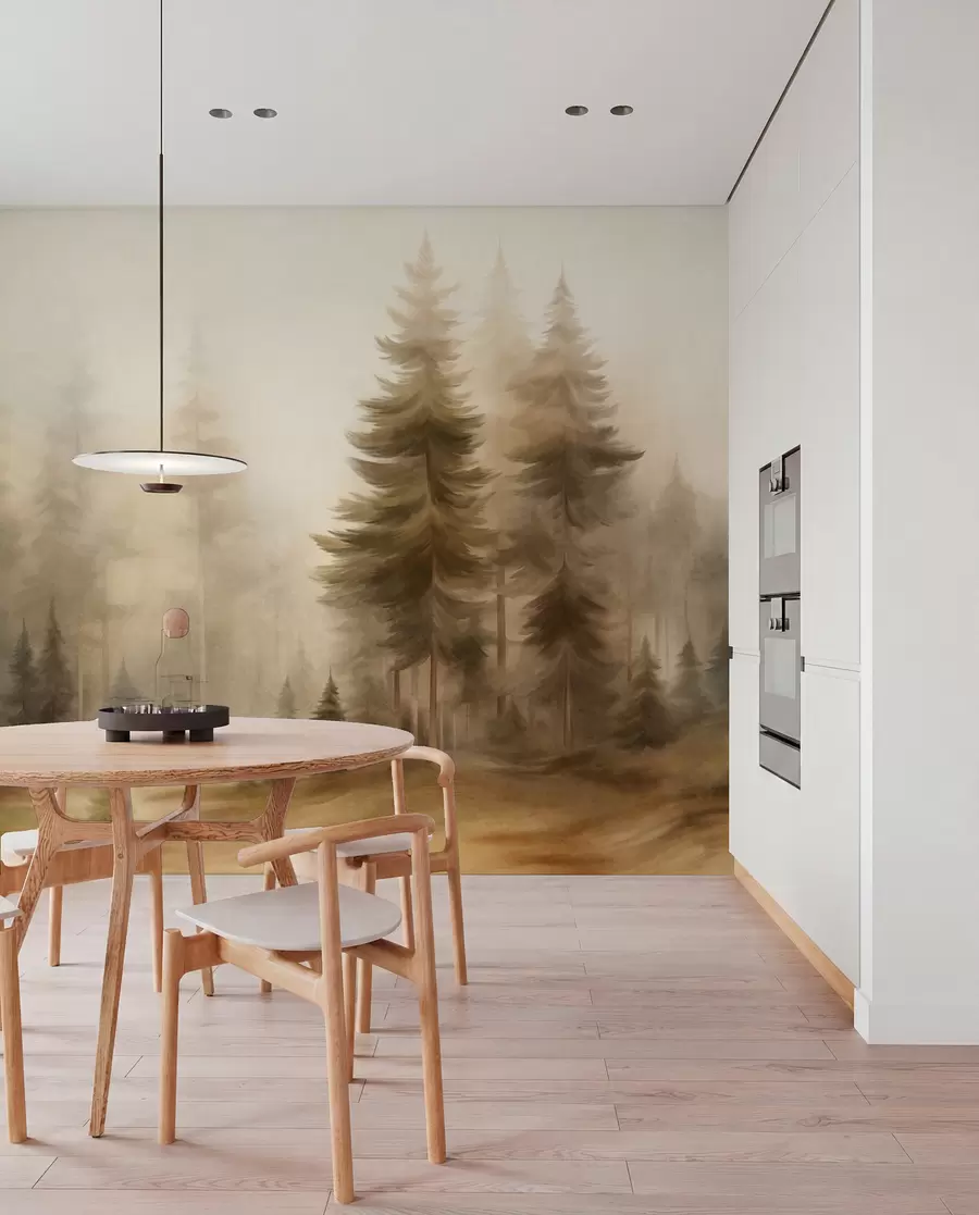 Carta da parati nature Una fitta foresta di alti pini avvolta da una leggera nebbia, un'opera d'arte paesaggistica ricca di texture 