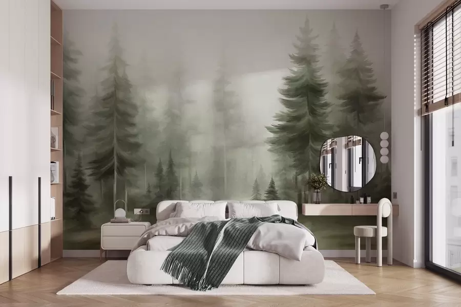 Carta da parati nature Una fitta foresta di alti pini avvolta da una leggera nebbia, un'opera d'arte paesaggistica ricca di texture 