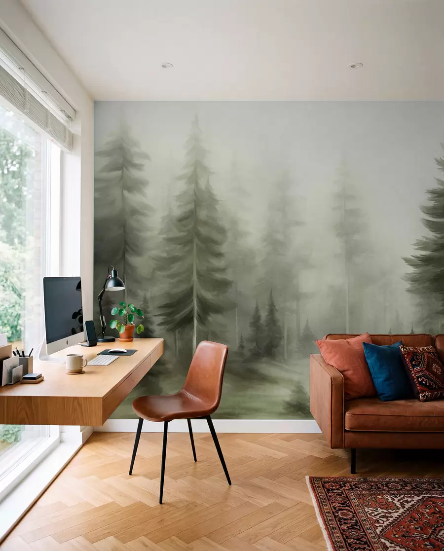 Carta da parati nature Una fitta foresta di alti pini avvolta da una leggera nebbia, un'opera d'arte paesaggistica ricca di texture 