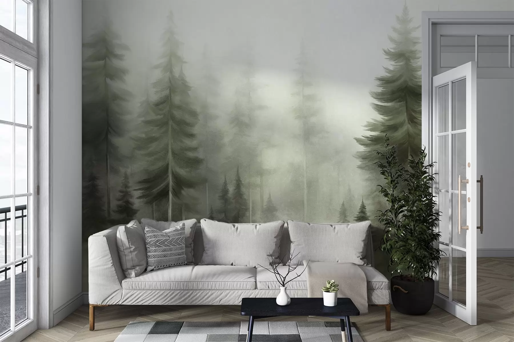 Carta da parati nature Una fitta foresta di alti pini avvolta da una leggera nebbia, un'opera d'arte paesaggistica ricca di texture 