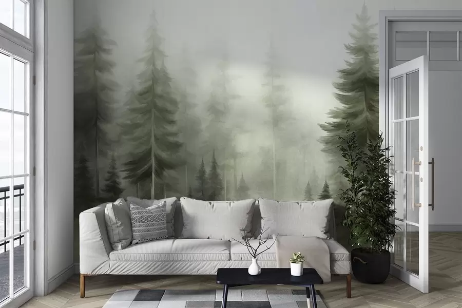 Carta da parati nature Una fitta foresta di alti pini avvolta da una leggera nebbia, un'opera d'arte paesaggistica ricca di texture 