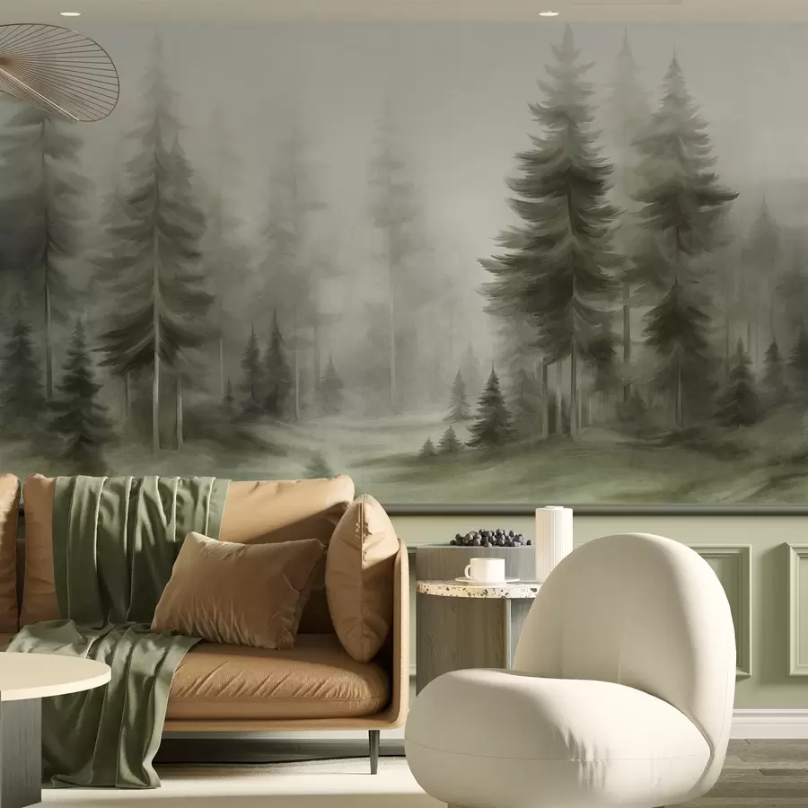 Carta da parati nature Una fitta foresta di alti pini avvolta da una leggera nebbia, un'opera d'arte paesaggistica ricca di texture 