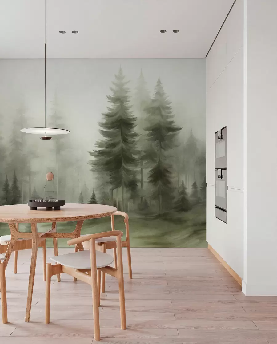 Carta da parati nature Una fitta foresta di alti pini avvolta da una leggera nebbia, un'opera d'arte paesaggistica ricca di texture 