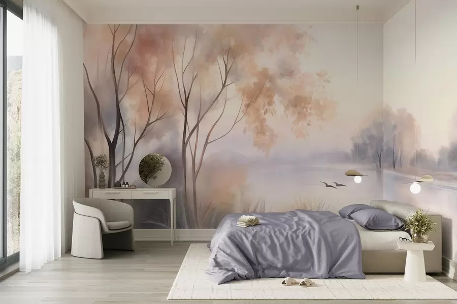 Carta da parati nature Paesaggio: un lago avvolto dalla nebbia con alberi e canneti, uccelli in volo, in stile acquerello con texture 