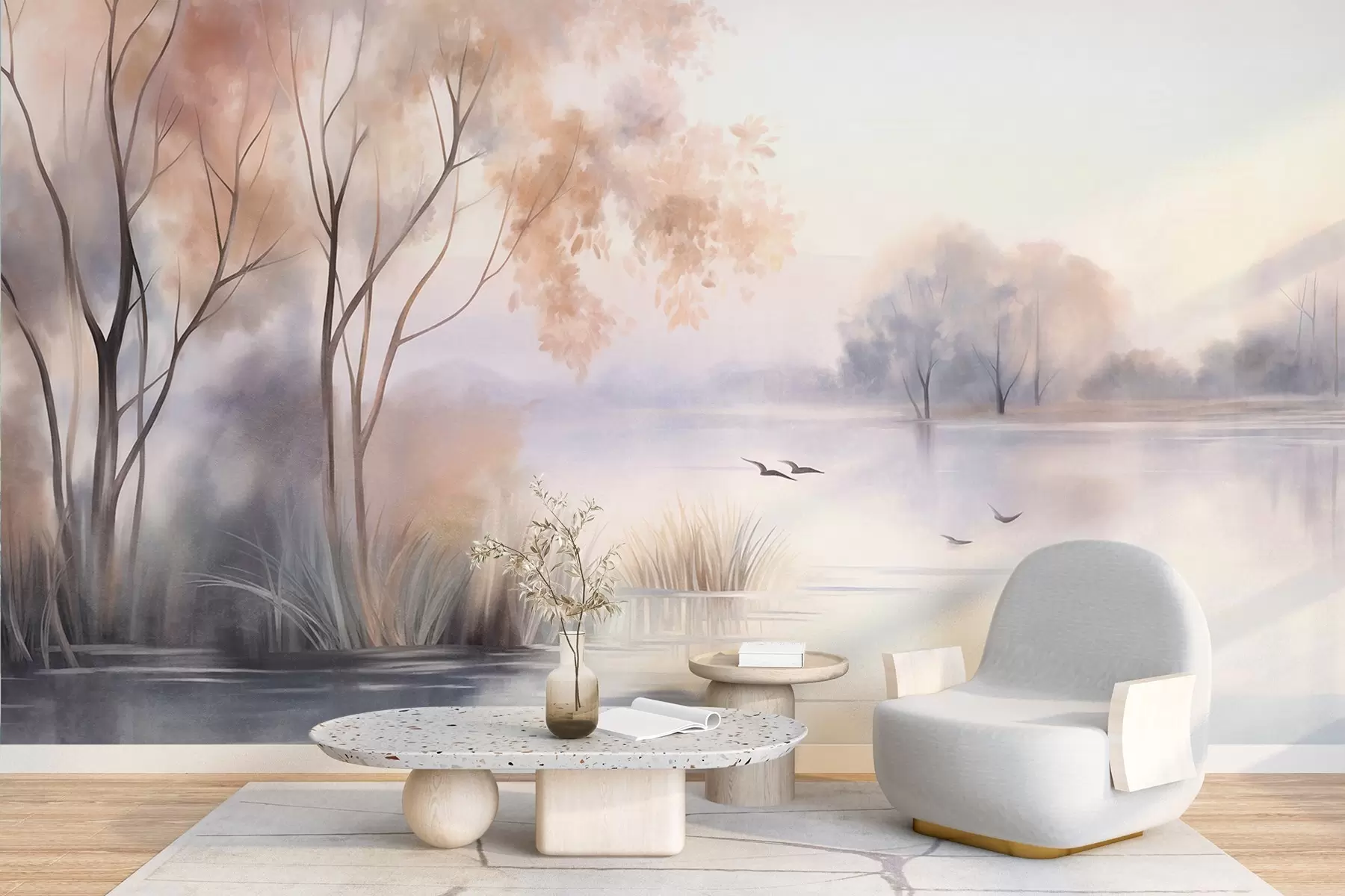 Carta da parati nature Paesaggio: un lago avvolto dalla nebbia con alberi e canneti, uccelli in volo, in stile acquerello con texture 