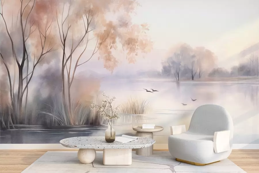 Carta da parati nature Paesaggio: un lago avvolto dalla nebbia con alberi e canneti, uccelli in volo, in stile acquerello con texture 