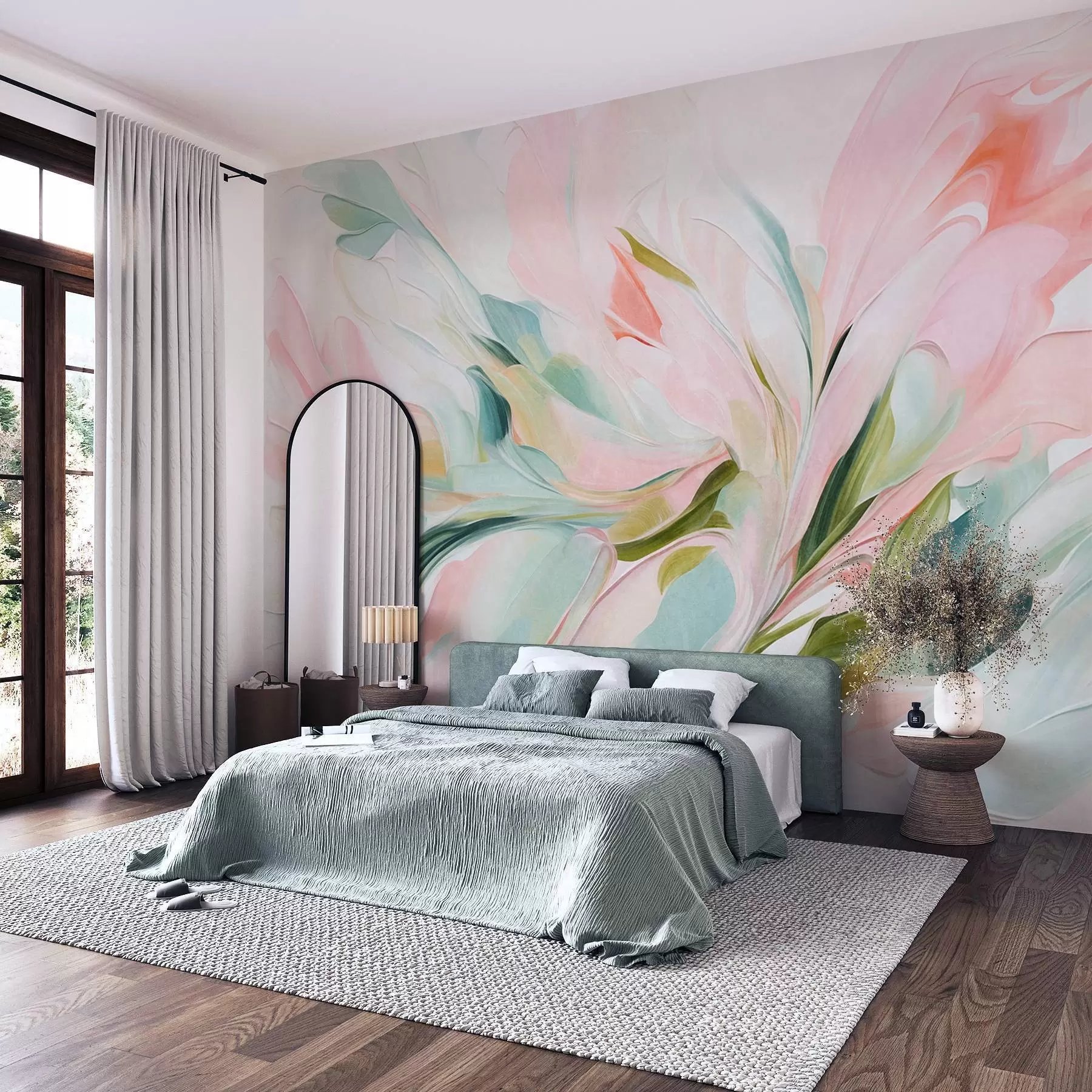 carta da parati Pittura floreale in stile astratto con morbide pennellate dai toni pastello su uno sfondo chiaro nr. w09871
