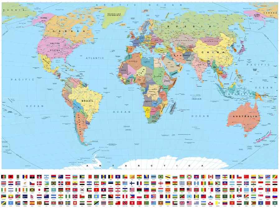 carta da parati Una mappa politica del mondo a colori con le bandiere, in inglese nr. c00004en