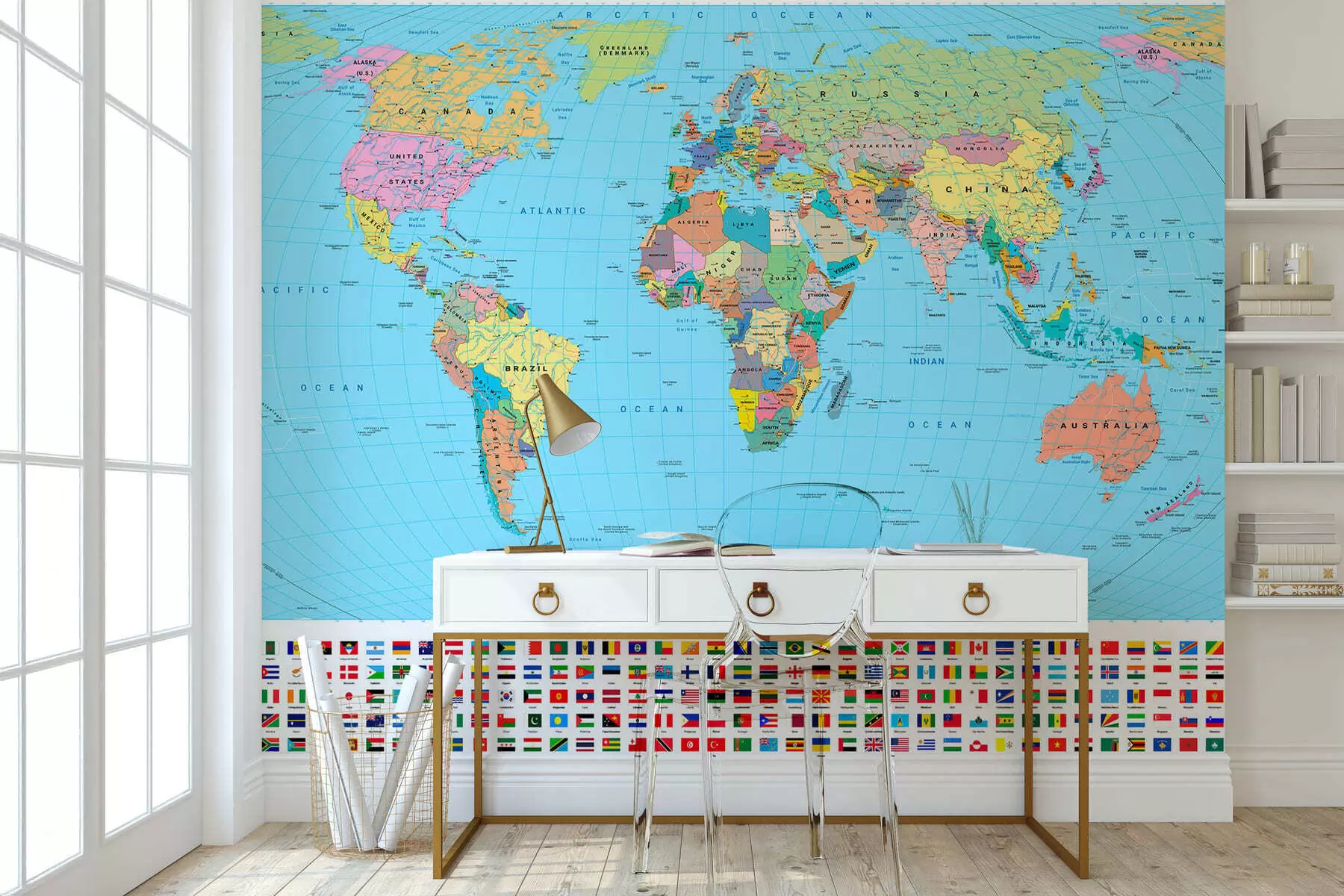 carta da parati Una mappa politica del mondo a colori con le bandiere, in inglese nr. c00004en