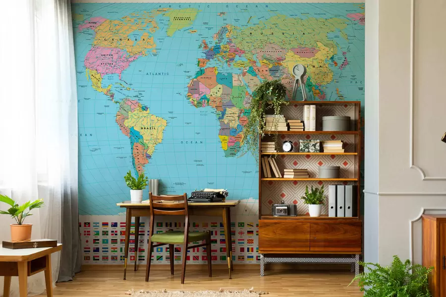 carta da parati Una mappa politica del mondo a colori con le bandiere, in inglese nr. c00004en