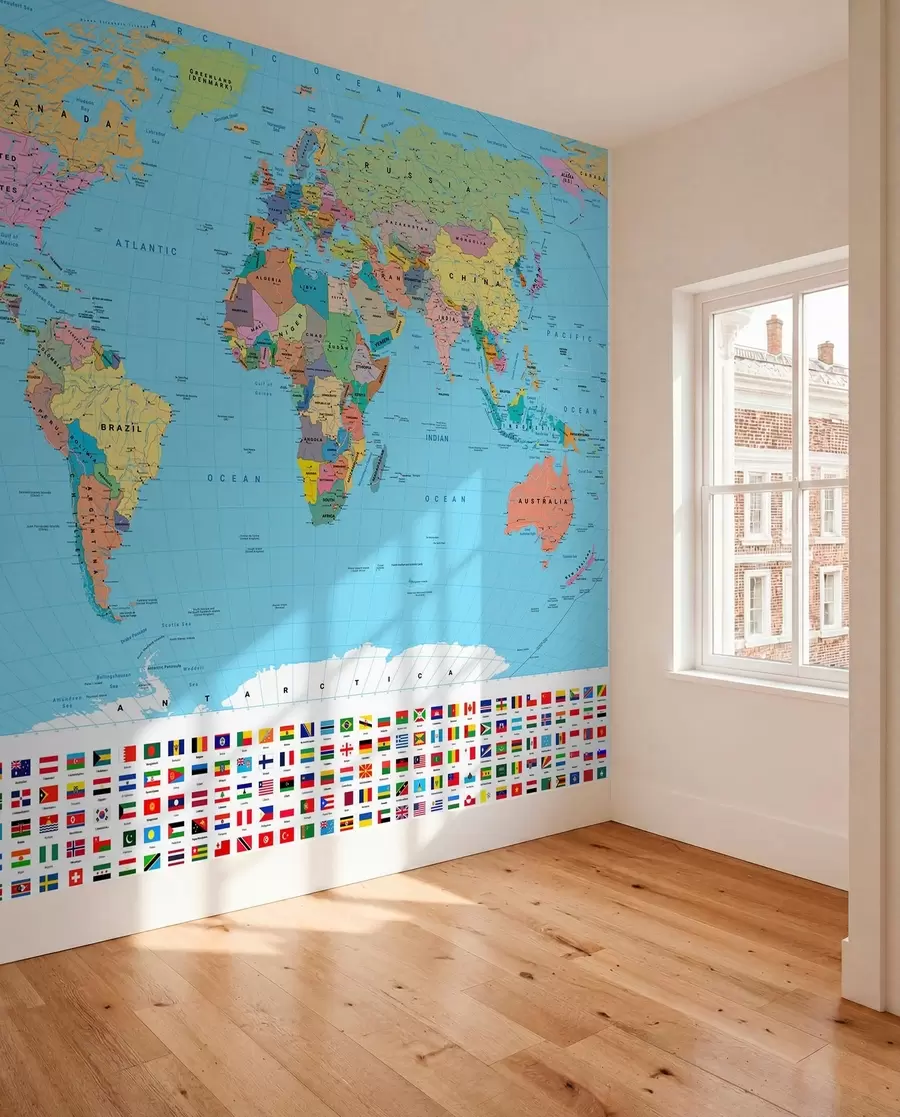 carta da parati Una mappa politica del mondo a colori con le bandiere, in inglese nr. c00004en