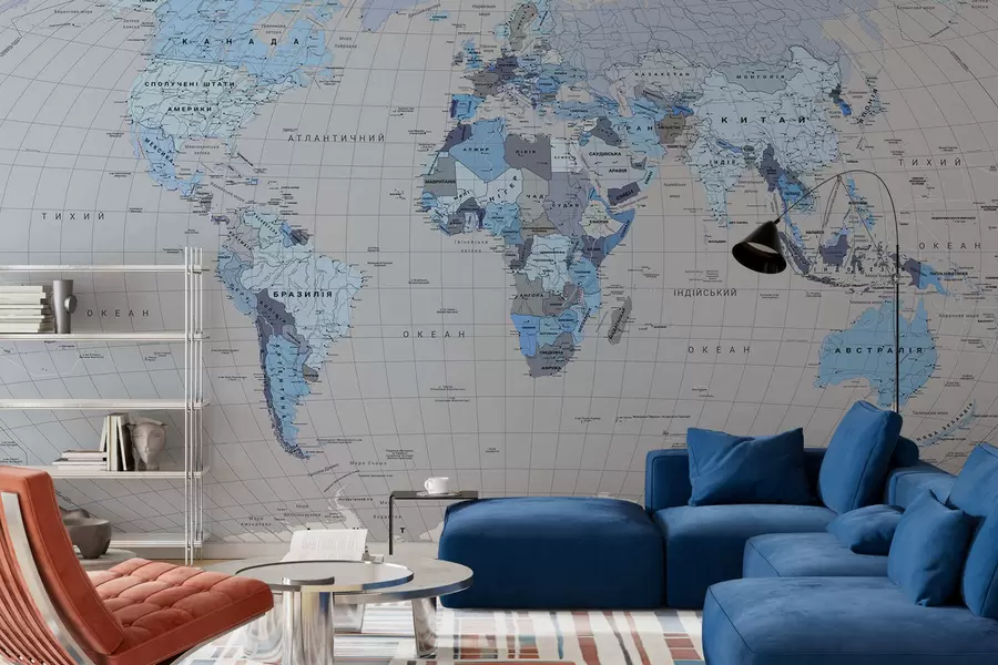 carta da parati Una mappa politica del mondo con bandiere nei toni del blu, in ucraino nr. c00004ukv3