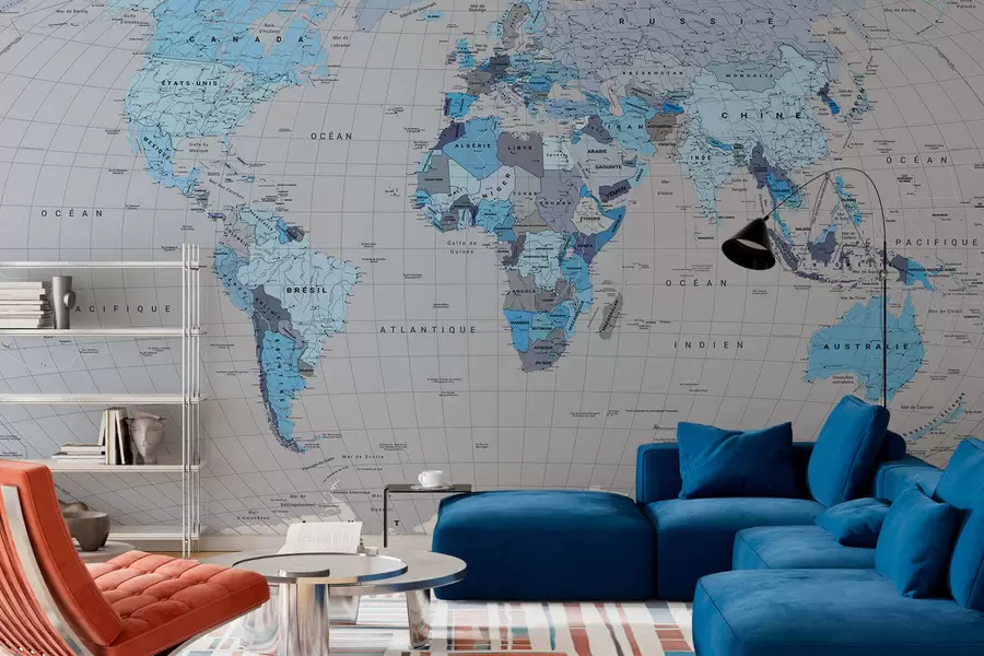 carta da parati Una mappa politica del mondo con bandiere nei toni del blu, in francese nr. c00004frv3