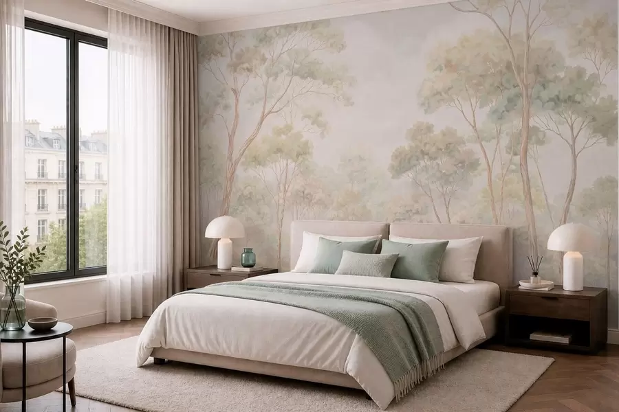 Carta da parati nature Scena boschiva luminosa con alberi alti 