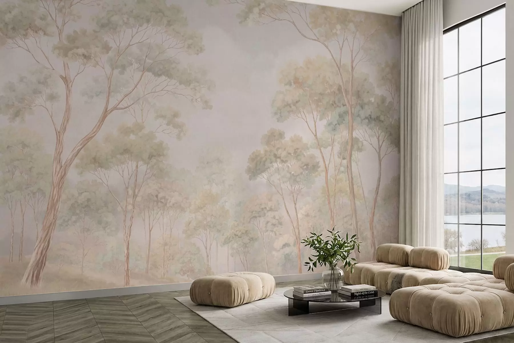 Carta da parati nature Scena boschiva luminosa con alberi alti 