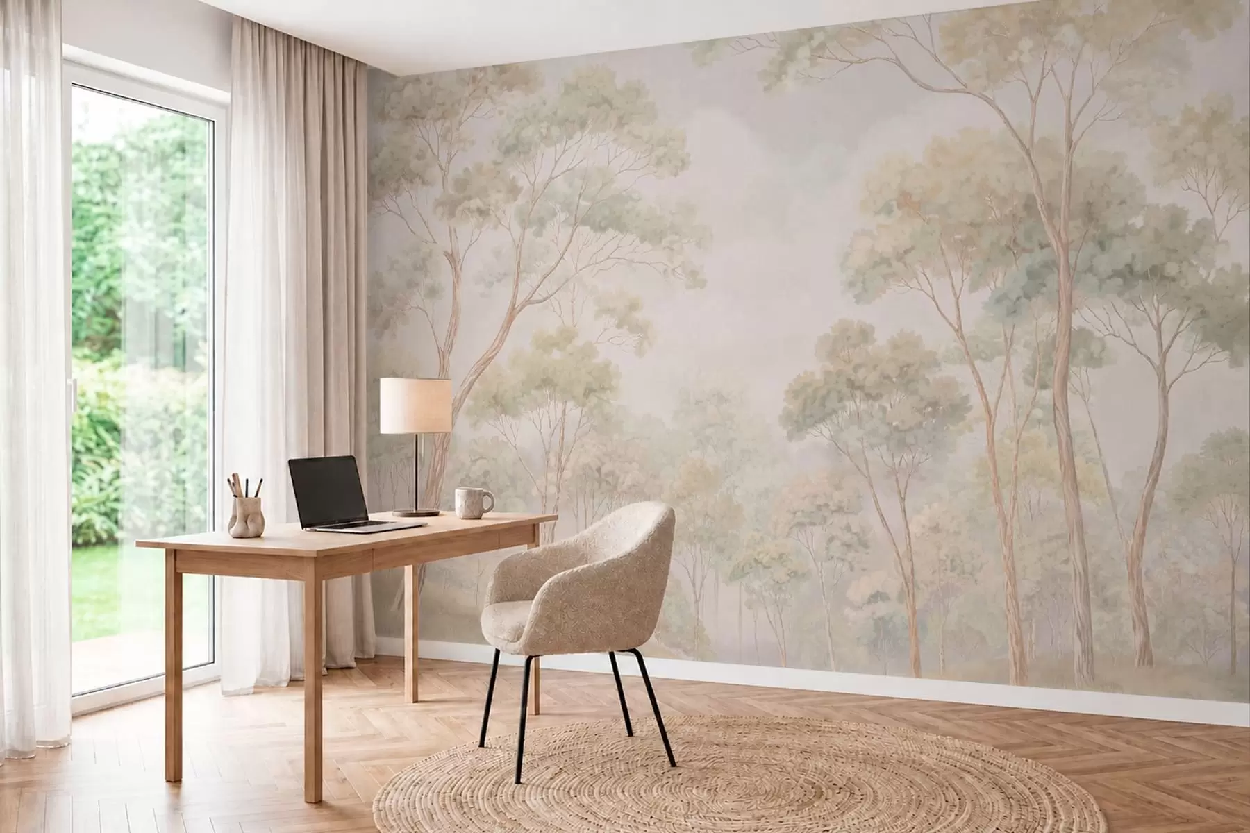 Carta da parati nature Scena boschiva luminosa con alberi alti 