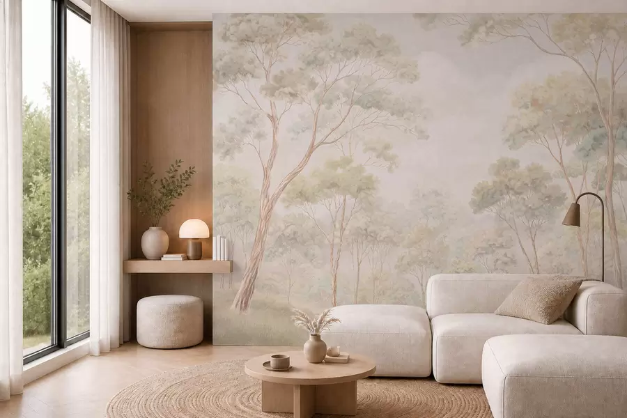 Carta da parati nature Scena boschiva luminosa con alberi alti 