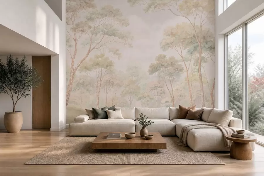 Carta da parati nature Scena boschiva luminosa con alberi alti 