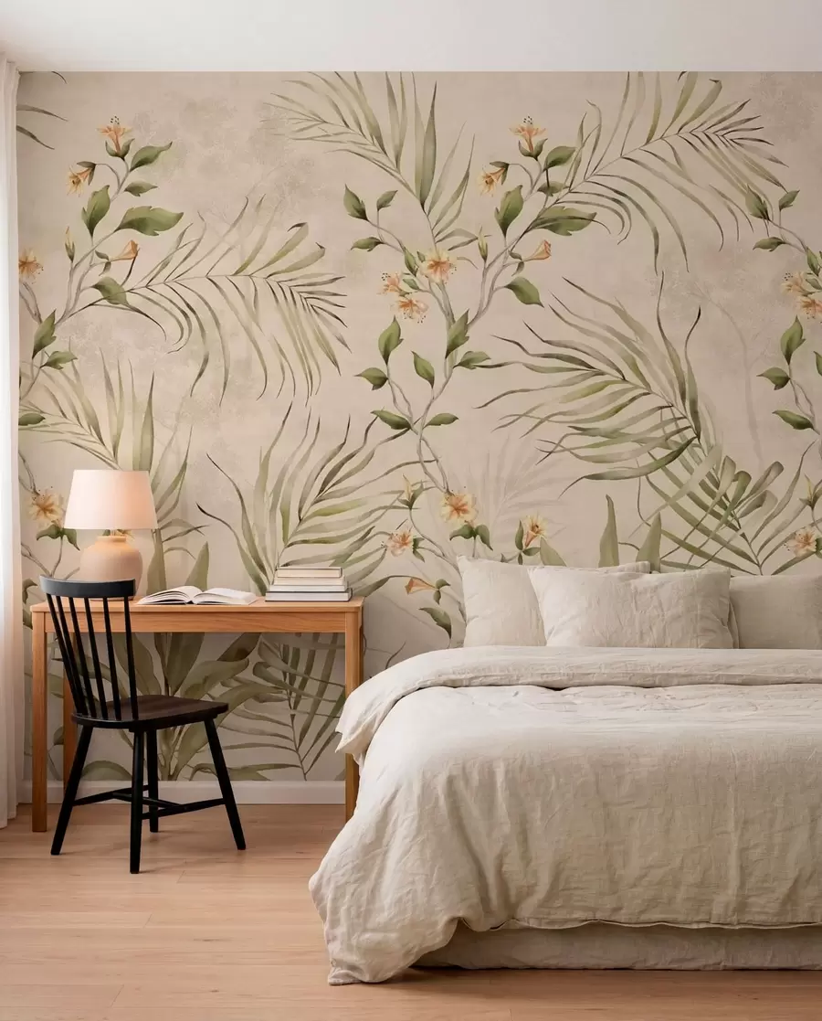 carta da parati Foglie tropicali e fiori delicati su sfondo beige nr. w05625