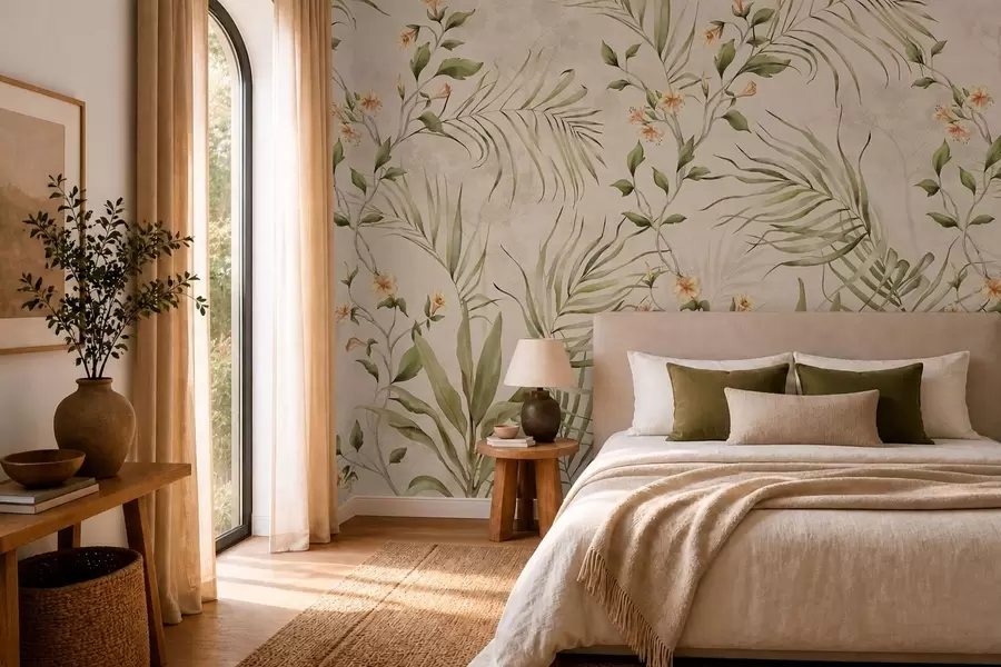 carta da parati Foglie tropicali e fiori delicati su sfondo beige nr. w05625